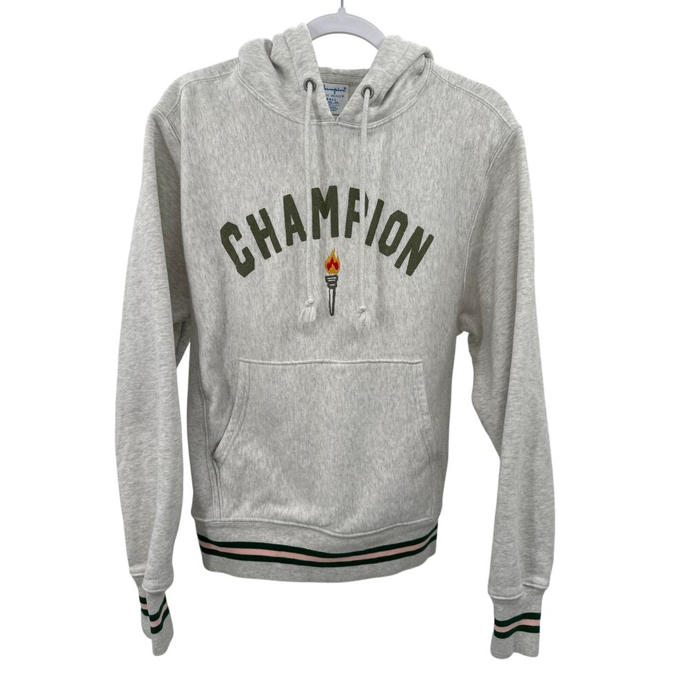 Champion Reverse Weave Hooded Sweatshirt Mens S Gray Green Varsity